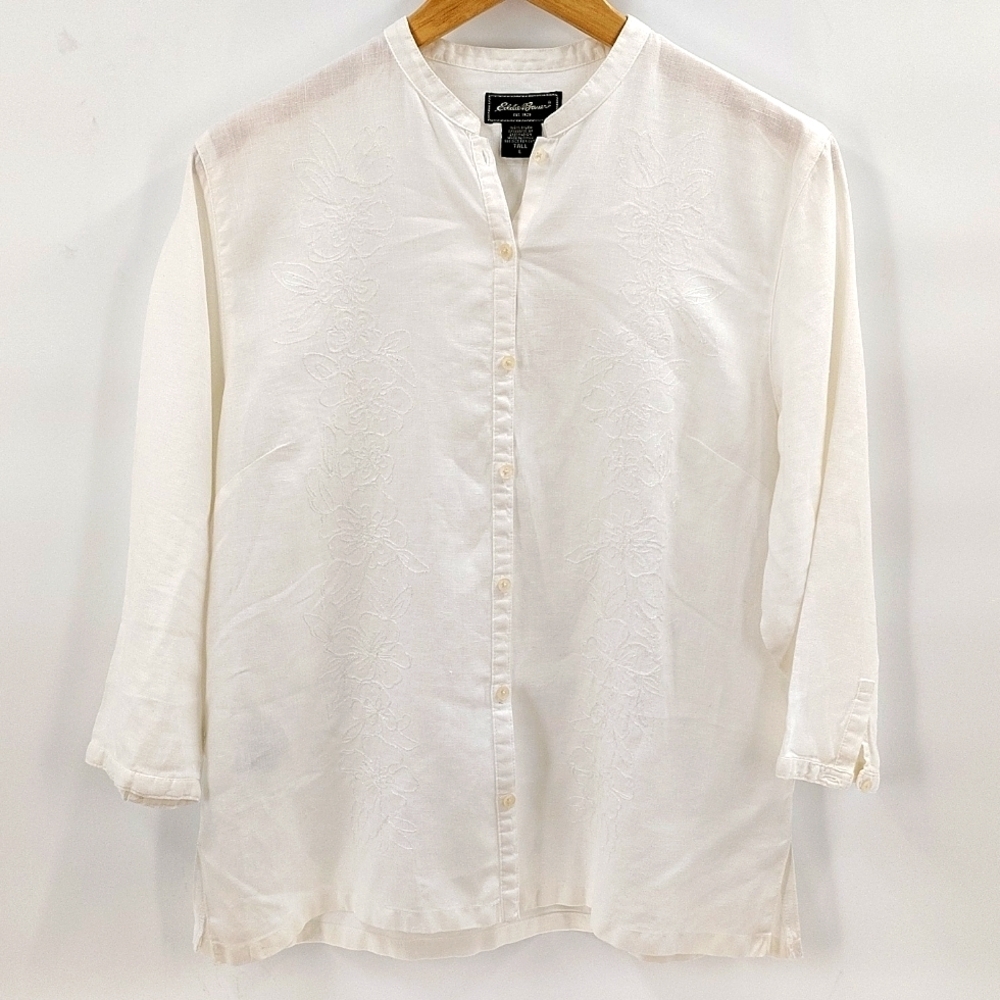 Eddie Bauer linen button down white with embroidered flowers size large Tall